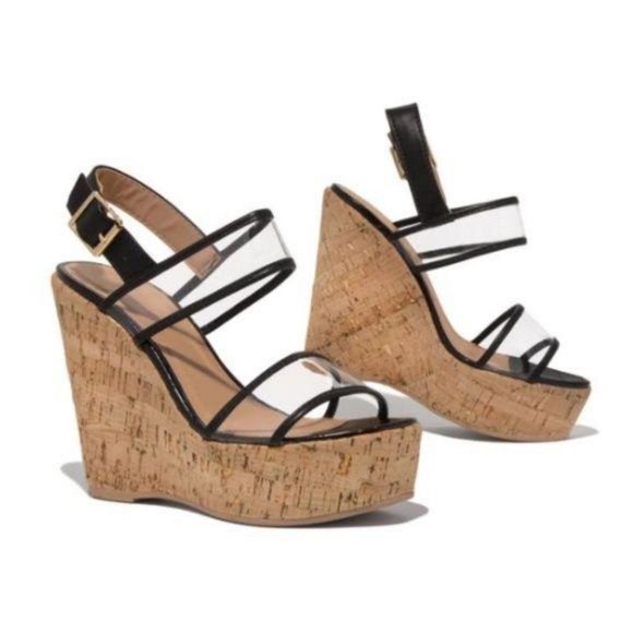Shoes - !! RESTOCKED !! Cork Wedges in Black/Clear